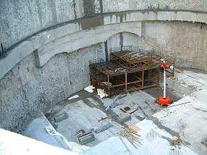 Shaft showing ring beam and thickenings above tunnel locations