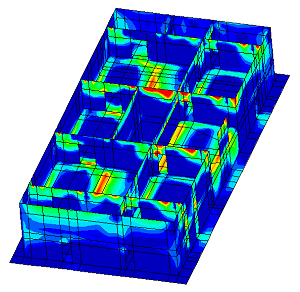 Top surface stresses in basement and view of building