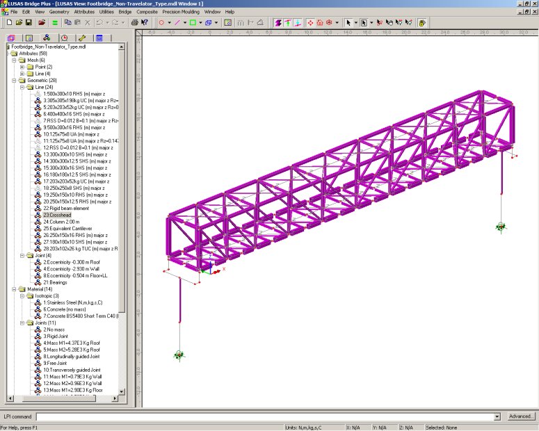 Partially fleshed 3D LUSAS model of a long-span non-travelator footbridge