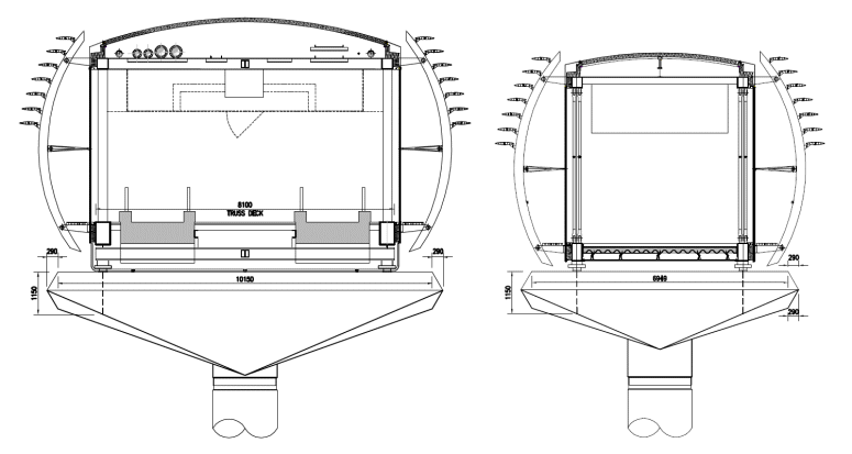 Travelator and non-travelator footbridge cross-sections