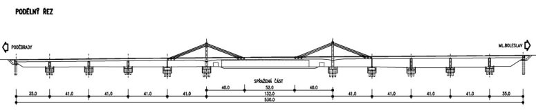 Elevation of Cable stayed bridge over the River Labe at Nymburk