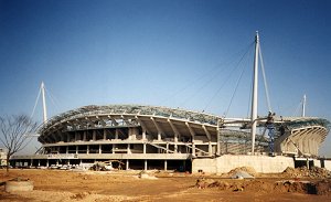 Stadium during tensioning of cable stays