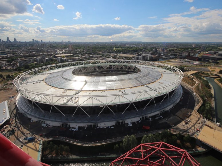 London Stadium as viewed from ArcelorMittal Orbit structure in Queen Elizabeth Olympic Park.