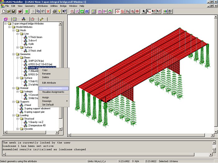 Integral abutment bridge model using 3D shells and beams with spring supports representing the horizontal soil continuum.